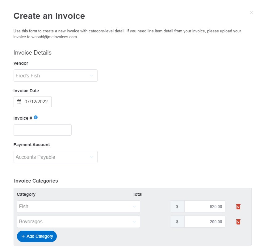 Manual Category Invoice Screenshot