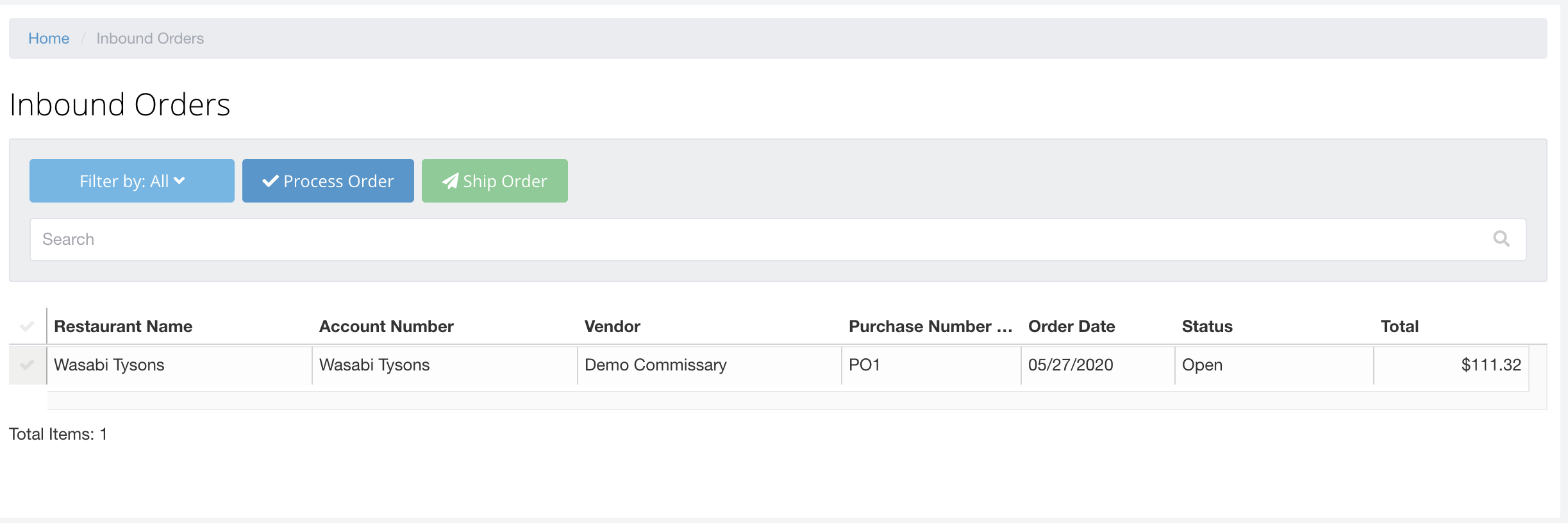 Inbound Orders Screen